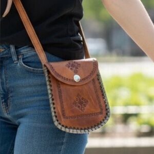Vintage Moroccan Hand Tooled Leather Crossbody Bag • 3 Stars Hallmark • Boho